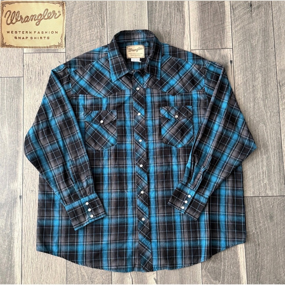 Wrangler Western Fashion Snap Shirt Mens 2XL Big Plaid Turquoise Black WM192BB